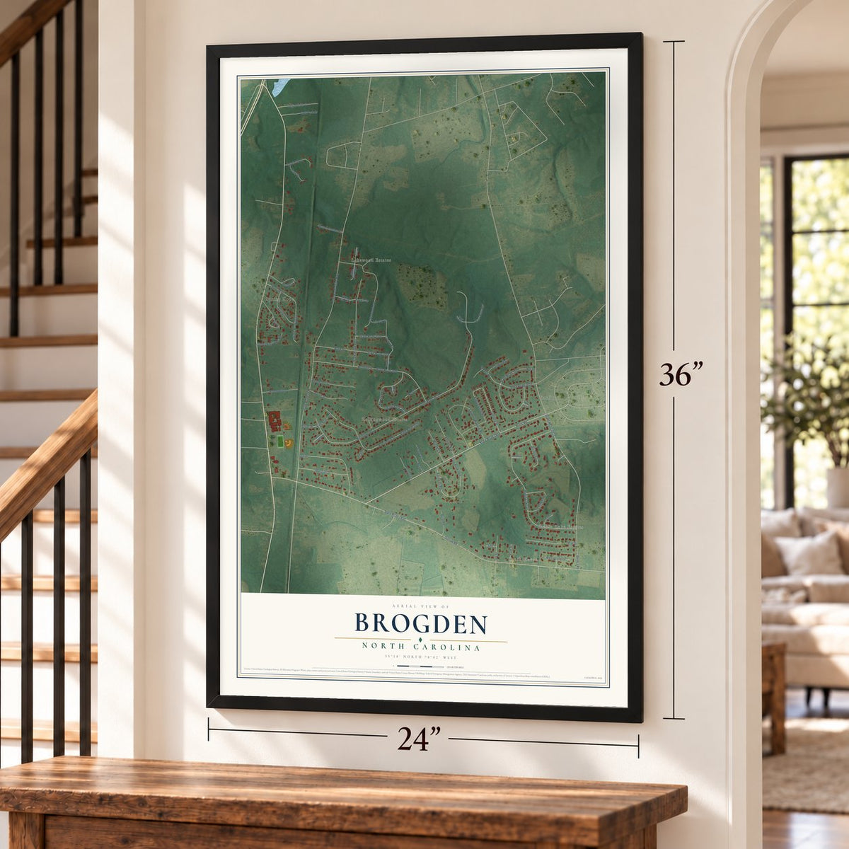 Brogden, North Carolina map, 24 x 36 inch print in a black frame by a staircase