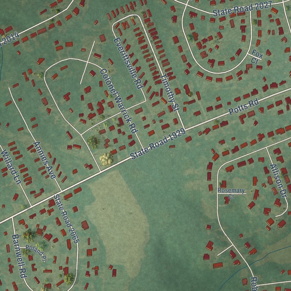 Close-up of the map of Brogden, North Carolina print showing street and building detail