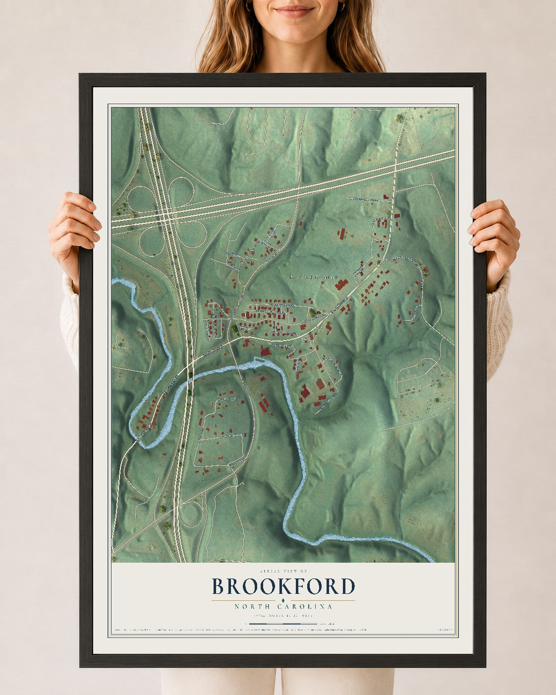Map of Brookford, North Carolina, 24 x 36 inch print in a black wood frame