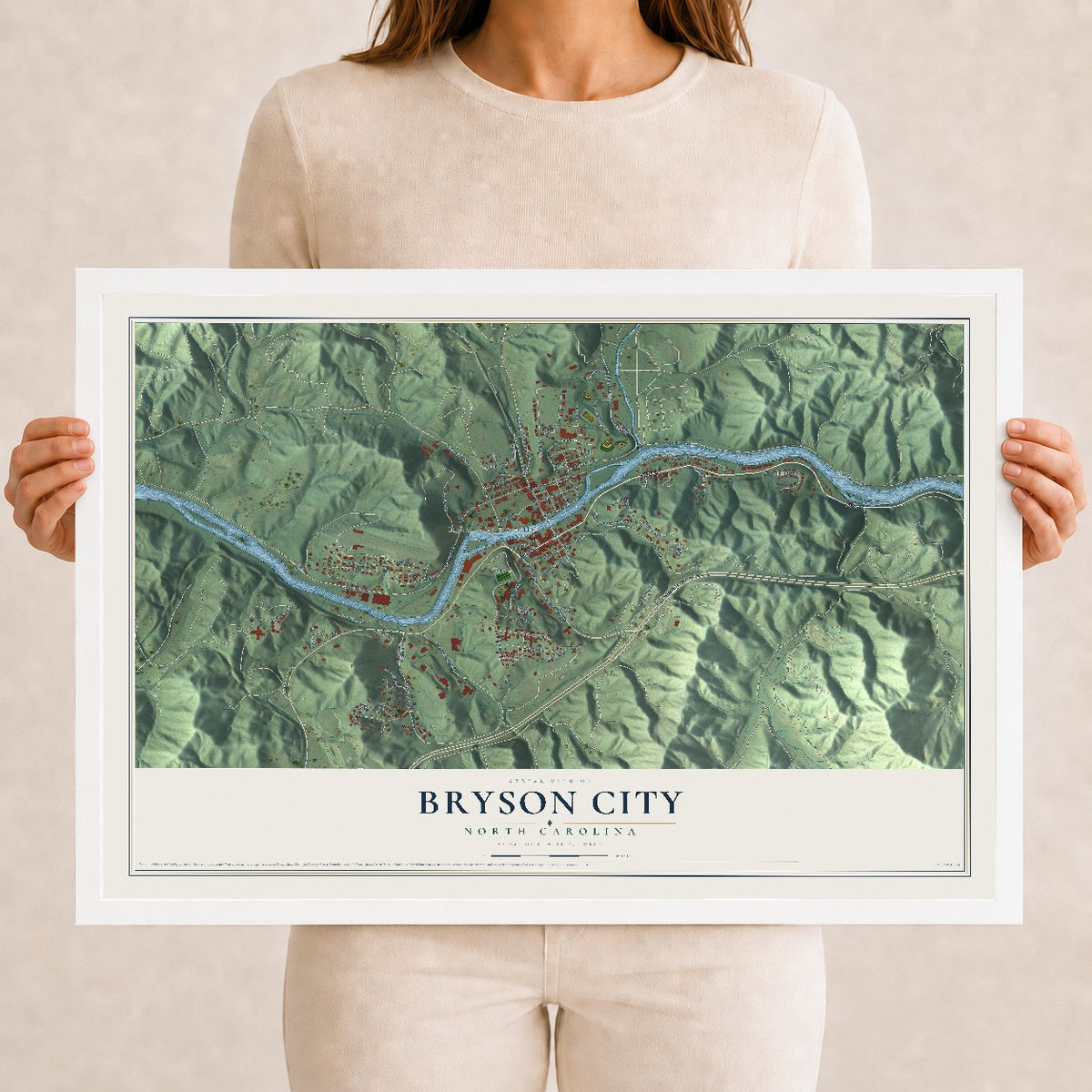 Map of Bryson City, North Carolina, 12 x 18 inch print in a white wood frame