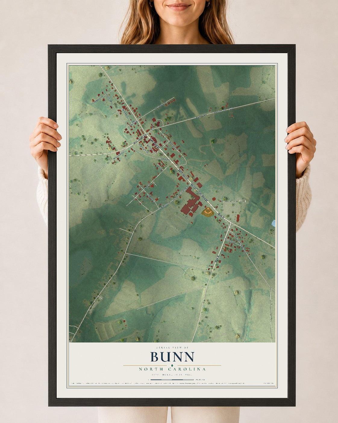 Map of Bunn, North Carolina, 24 x 36 inch print in a black wood frame