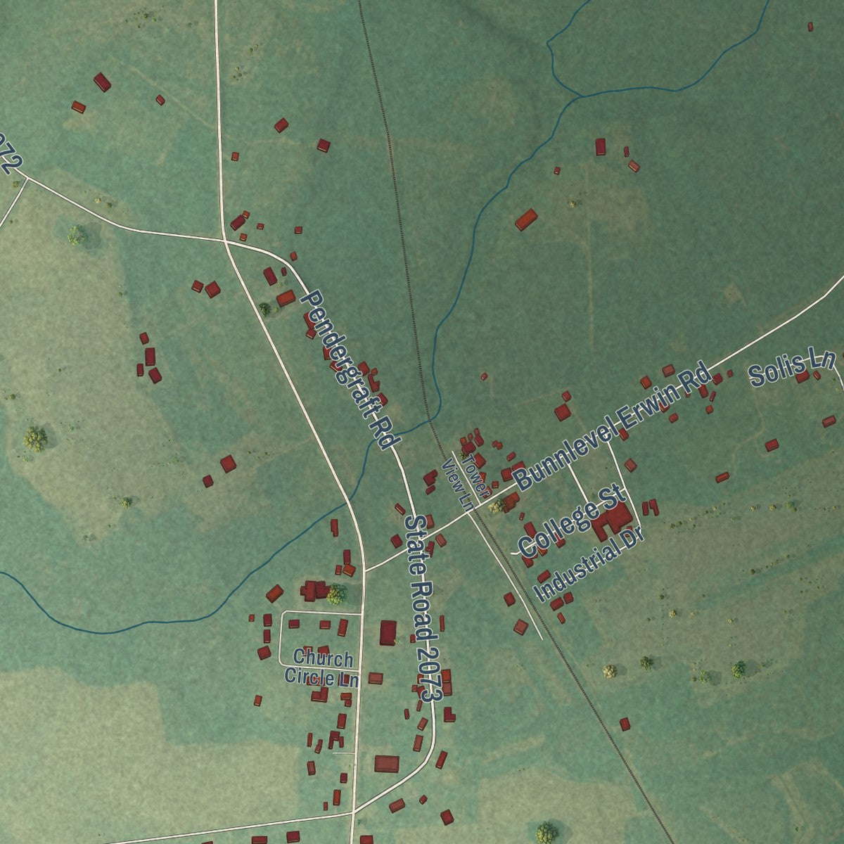 Close-up of the map of Bunnlevel, North Carolina print showing street and building detail