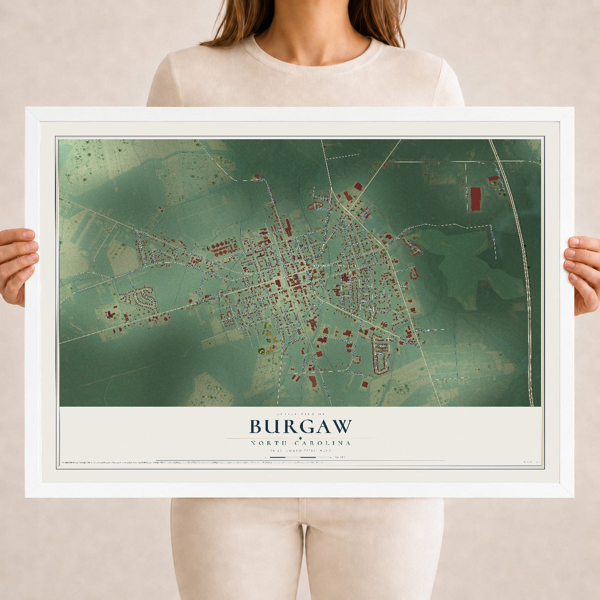 Map of Burgaw, North Carolina, 18 x 24 inch print in a white wood frame