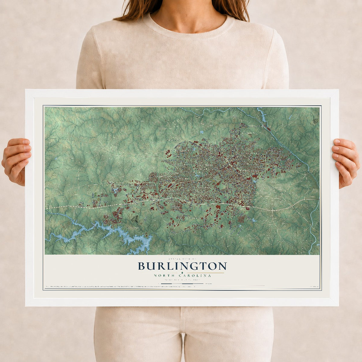 Map of Burlington, North Carolina, 12 x 18 inch print in a white wood frame