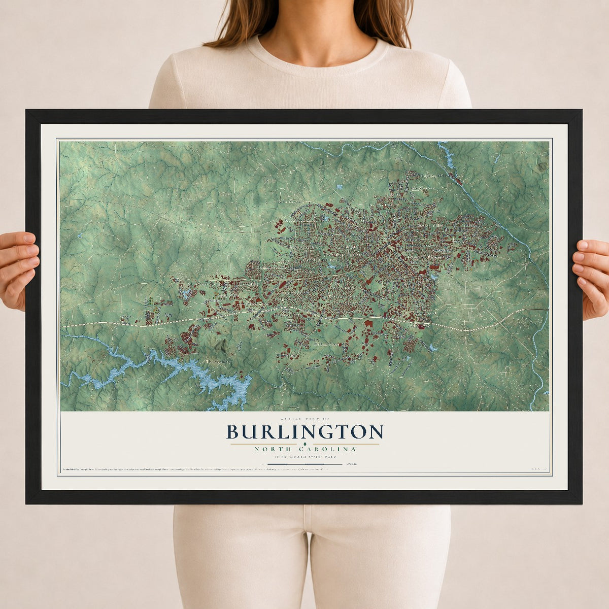 Map of Burlington, North Carolina, 18 x 24 inch print in a black wood frame