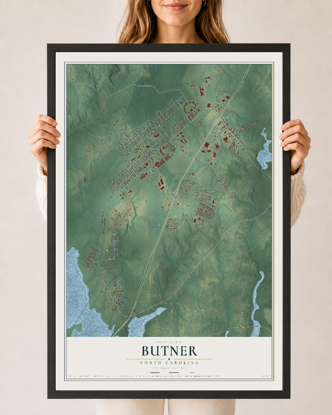 Map of Butner, North Carolina, 24 x 36 inch print in a black wood frame