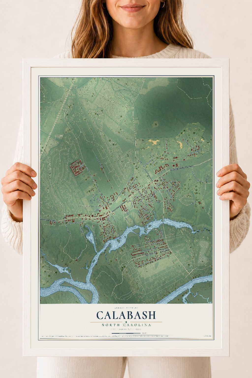 Map of Calabash, North Carolina, 18 x 24 inch print in a white wood frame