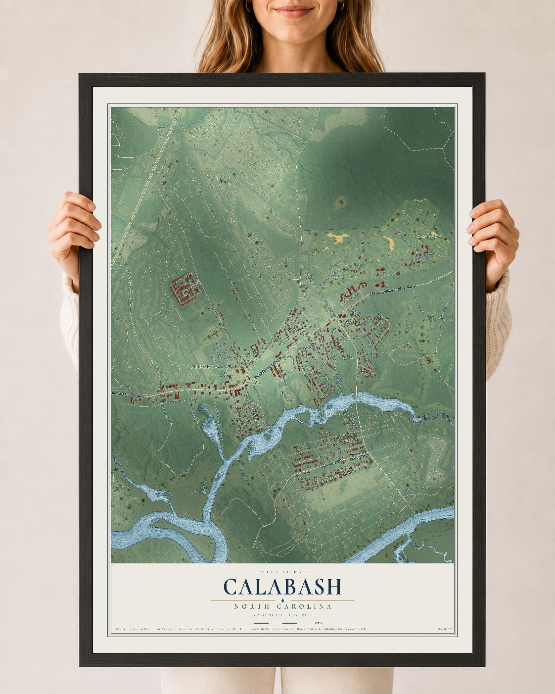Map of Calabash, North Carolina, 24 x 36 inch print in a black wood frame