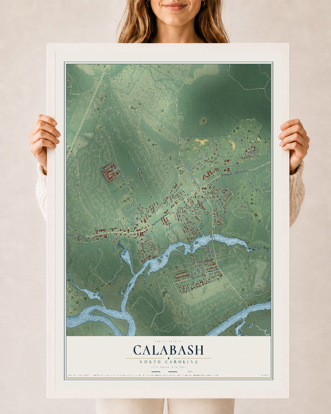 Map of Calabash, North Carolina, 24 x 36 inch print in a white wood frame