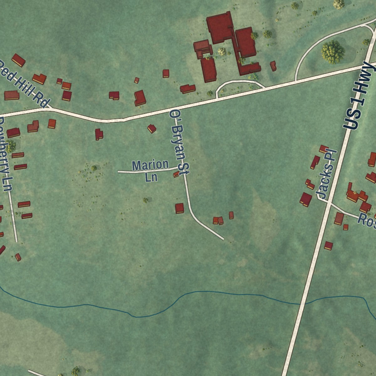 Second close-up of the map of Cameron, North Carolina print showing more streets and buildings