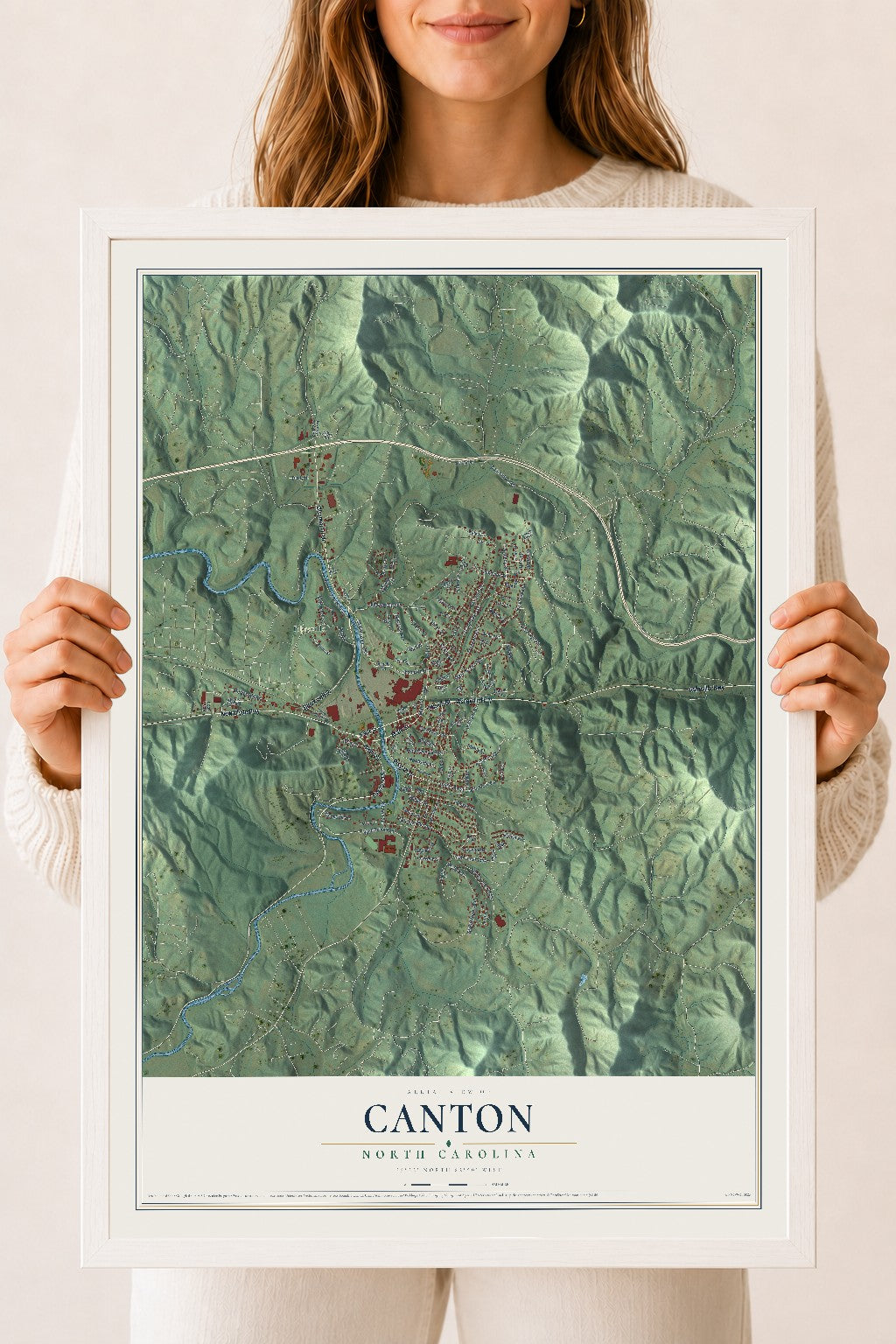 Map of Canton, North Carolina, 18 x 24 inch print in a white wood frame