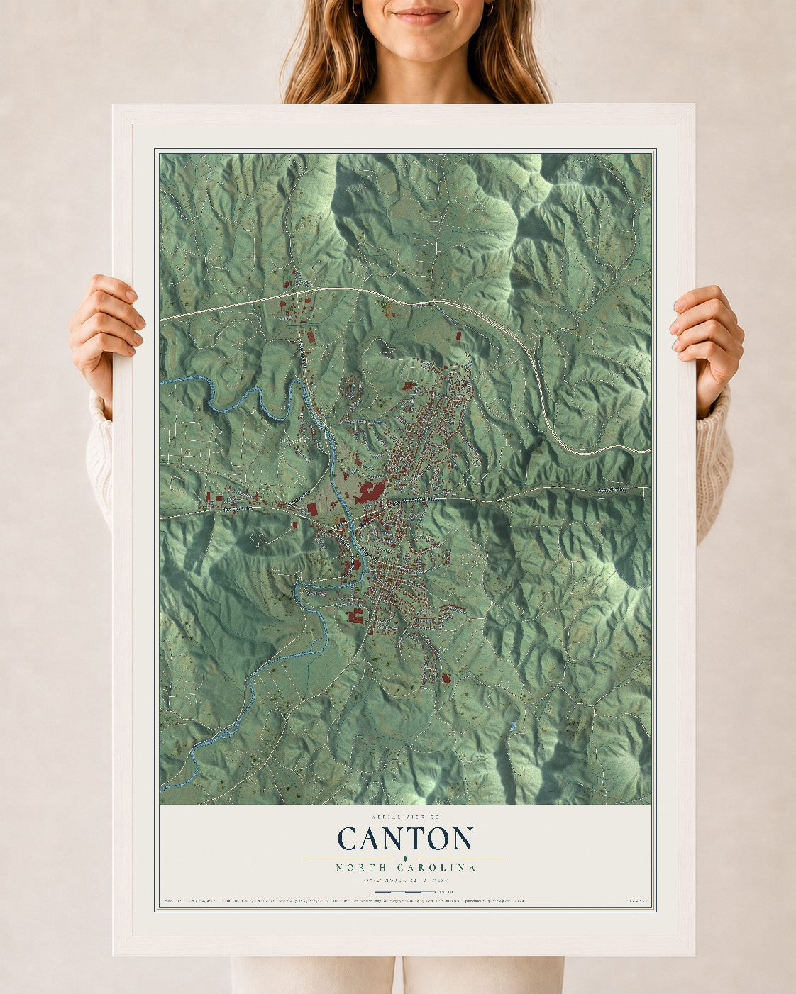 Map of Canton, North Carolina, 24 x 36 inch print in a white wood frame