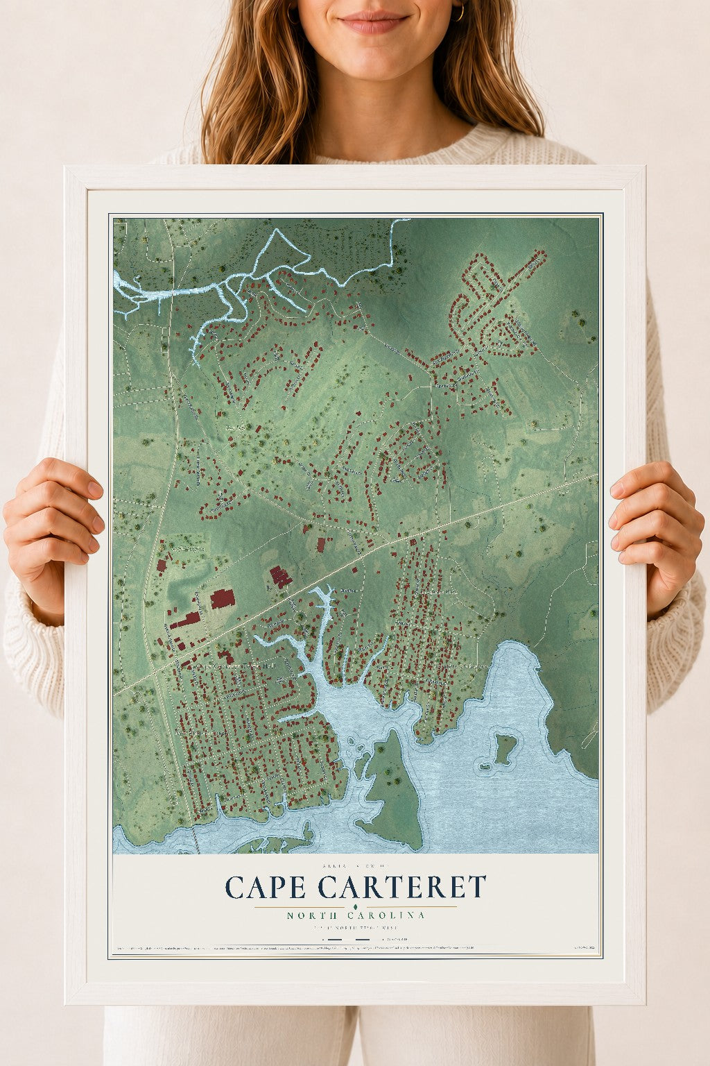 Map of Cape Carteret, North Carolina, 18 x 24 inch print in a white wood frame