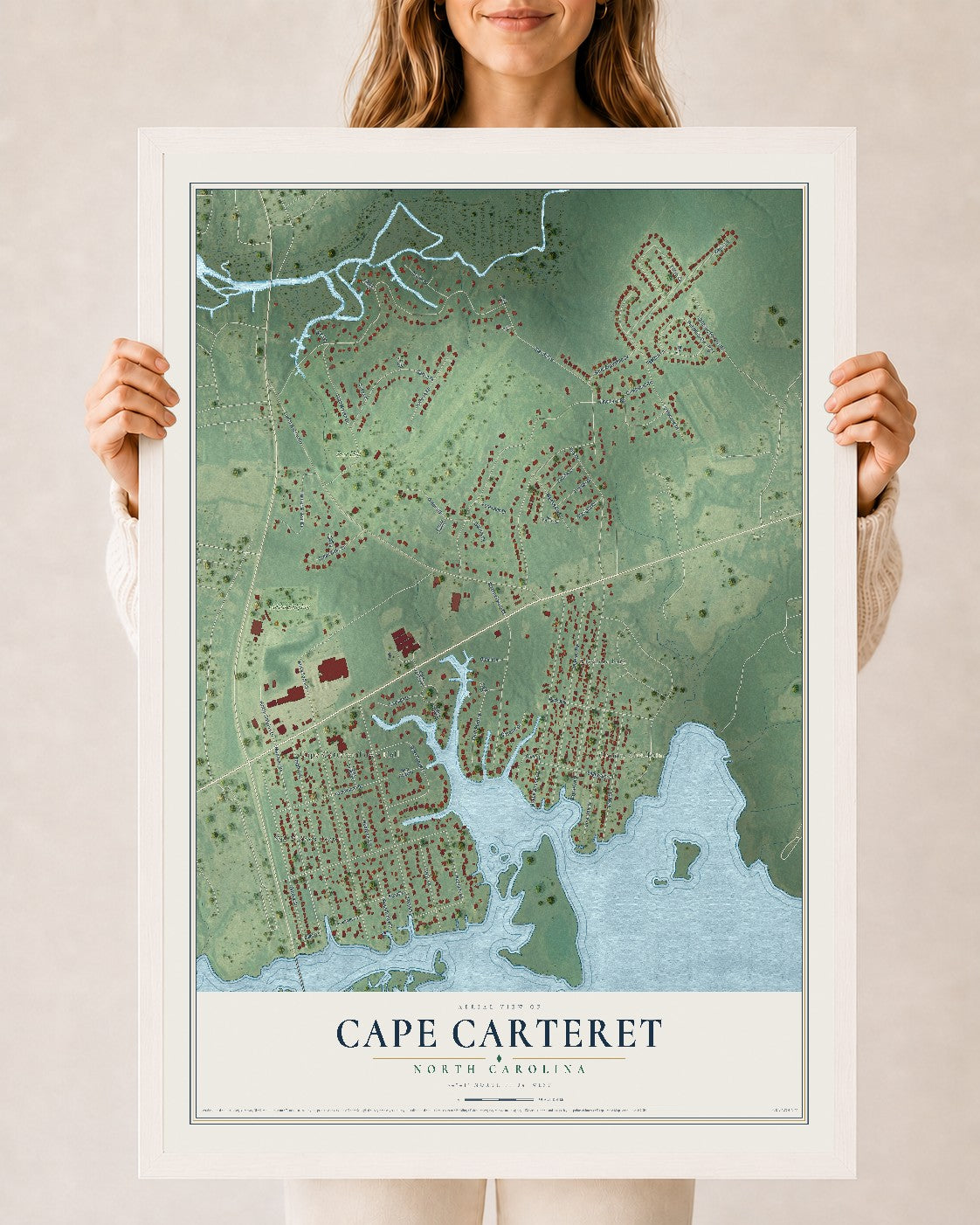 Map of Cape Carteret, North Carolina, 24 x 36 inch print in a white wood frame