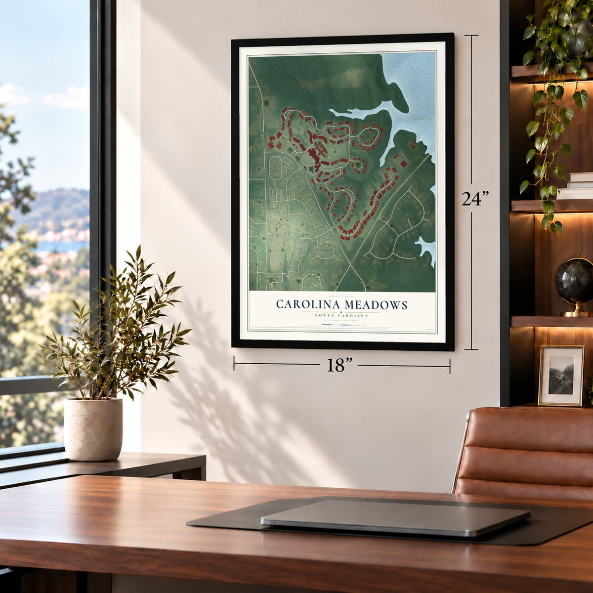 Carolina Meadows, North Carolina map, 18 x 24 inch print in a black frame in a home office