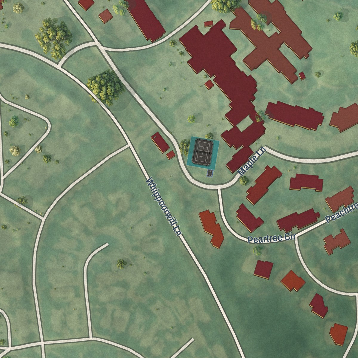Close-up of the map of Carolina Meadows, North Carolina print showing street and building detail