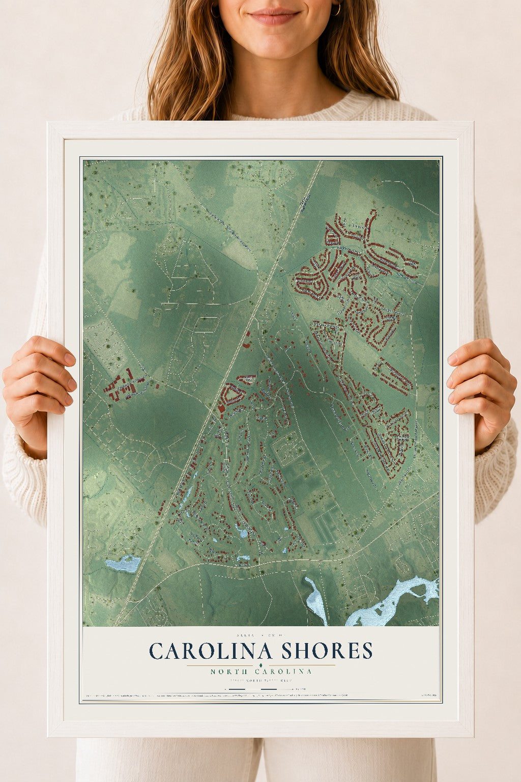 Map of Carolina Shores, North Carolina, 18 x 24 inch print in a white wood frame