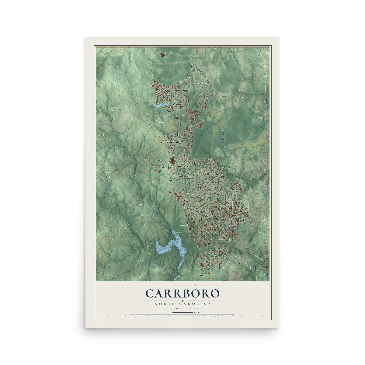 Map of Carrboro, North Carolina, 12 x 18 inch unframed archival matte print