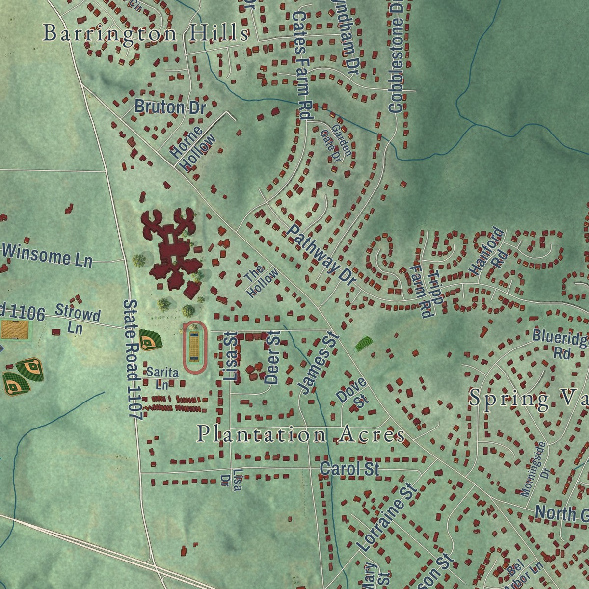 Second close-up of the map of Carrboro, North Carolina print showing more streets and buildings