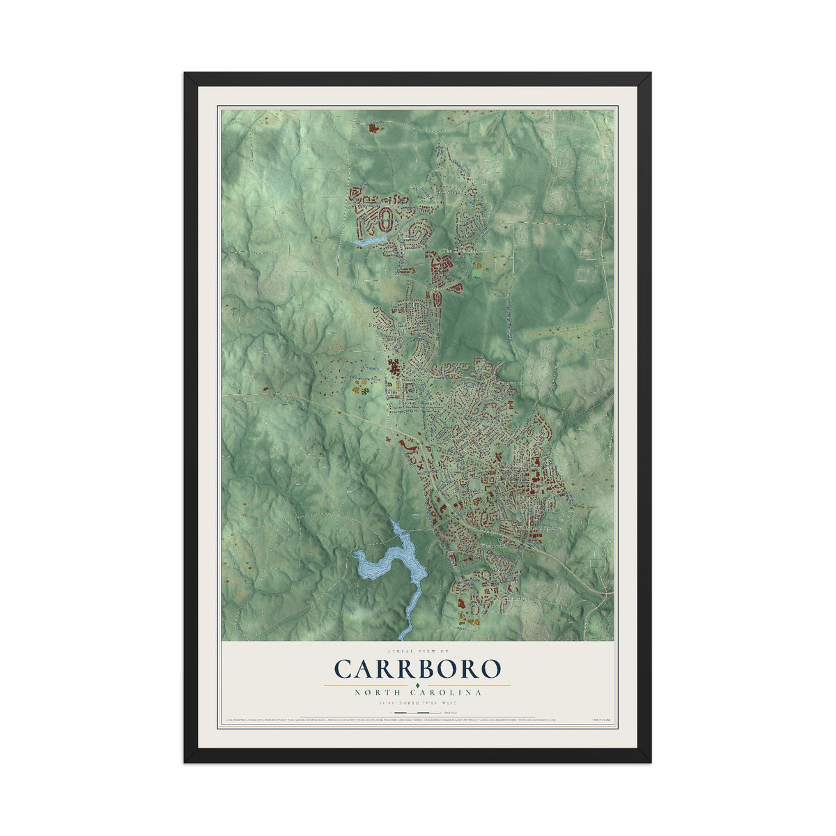 Map of Carrboro, North Carolina, 12 x 18 inch print in a black wood frame