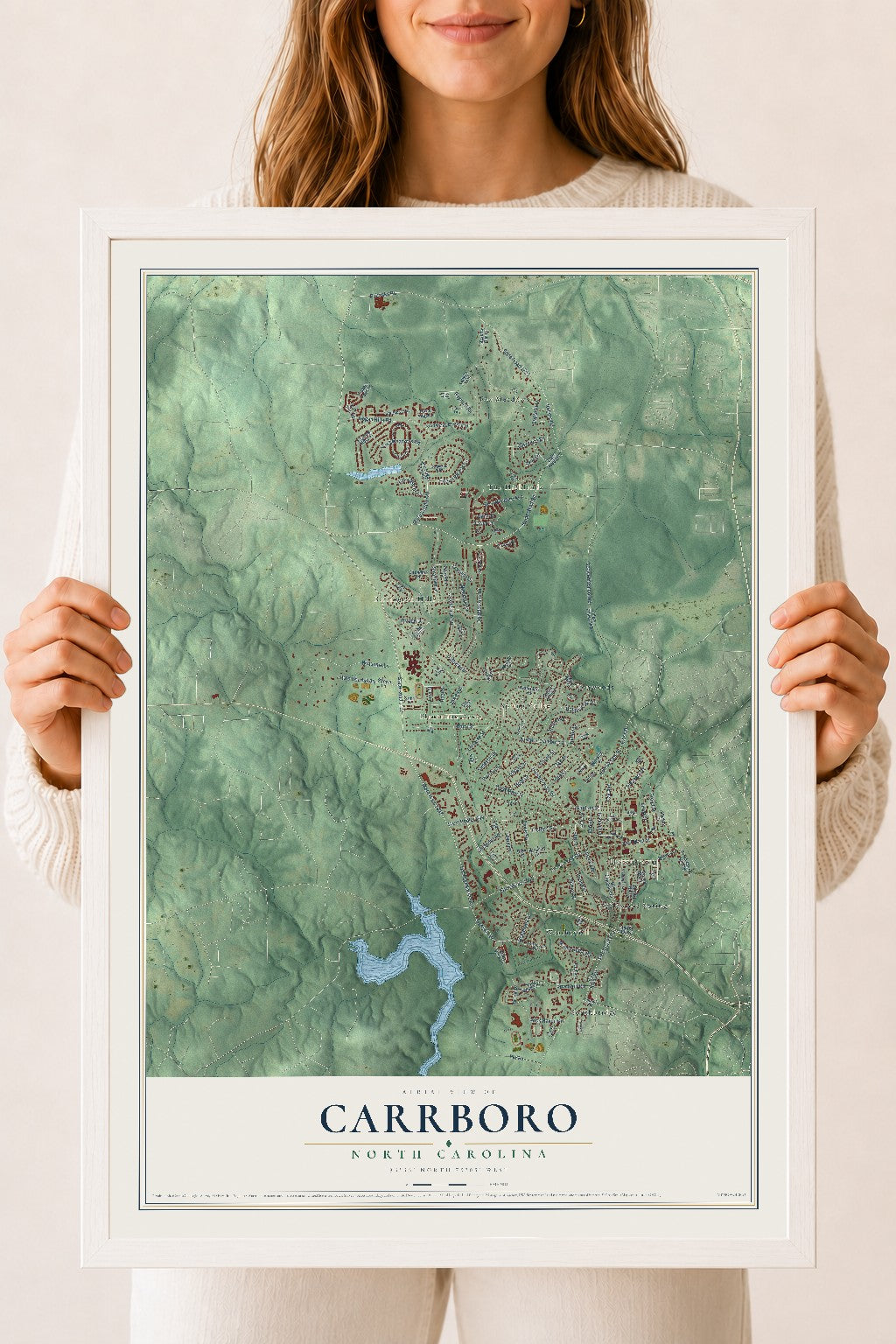 Map of Carrboro, North Carolina, 18 x 24 inch print in a white wood frame