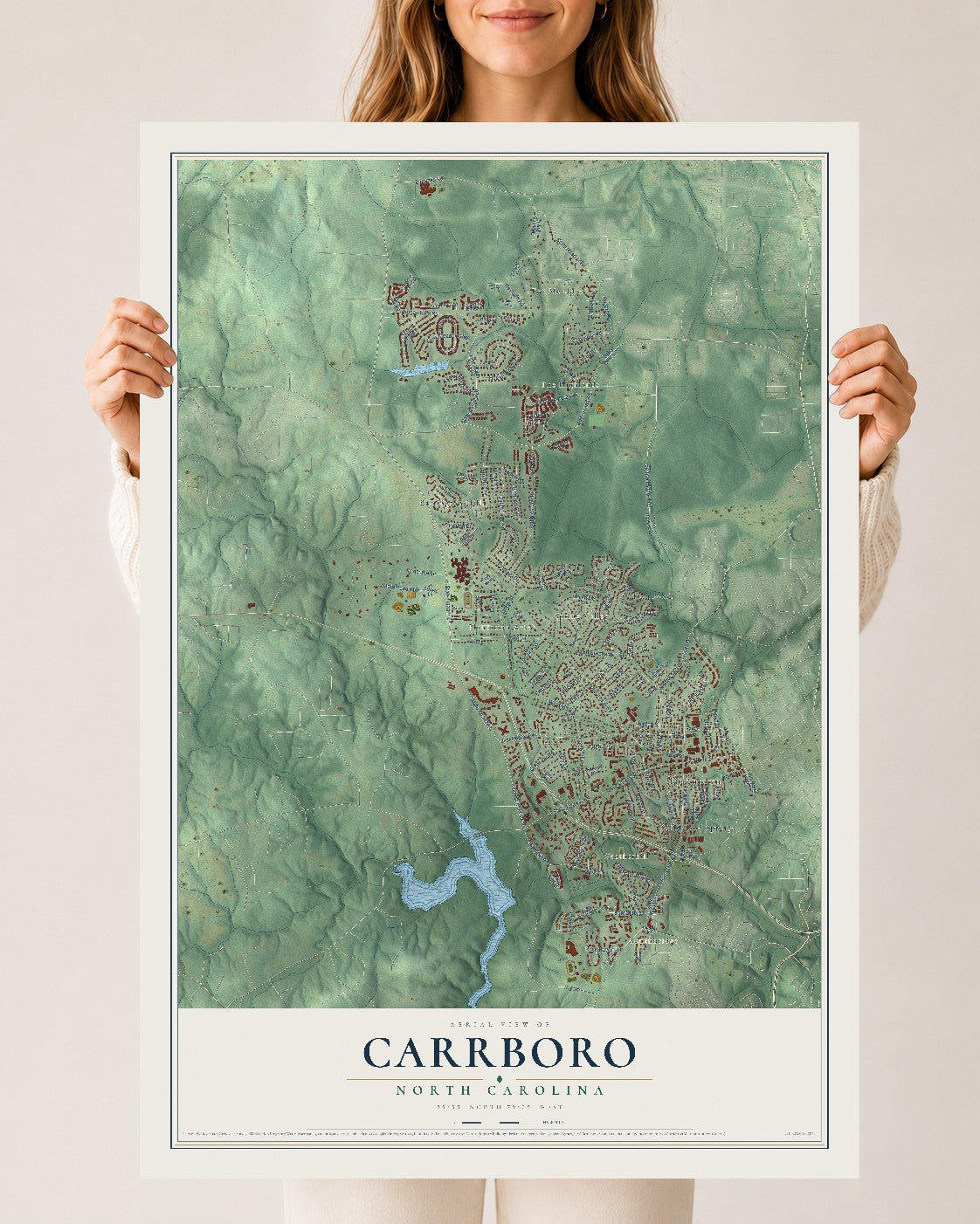 Map of Carrboro, North Carolina, 24 x 36 inch unframed archival matte print
