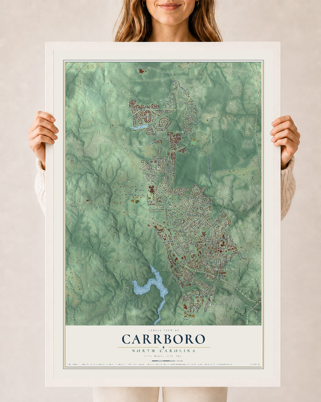 Map of Carrboro, North Carolina, 24 x 36 inch print in a white wood frame