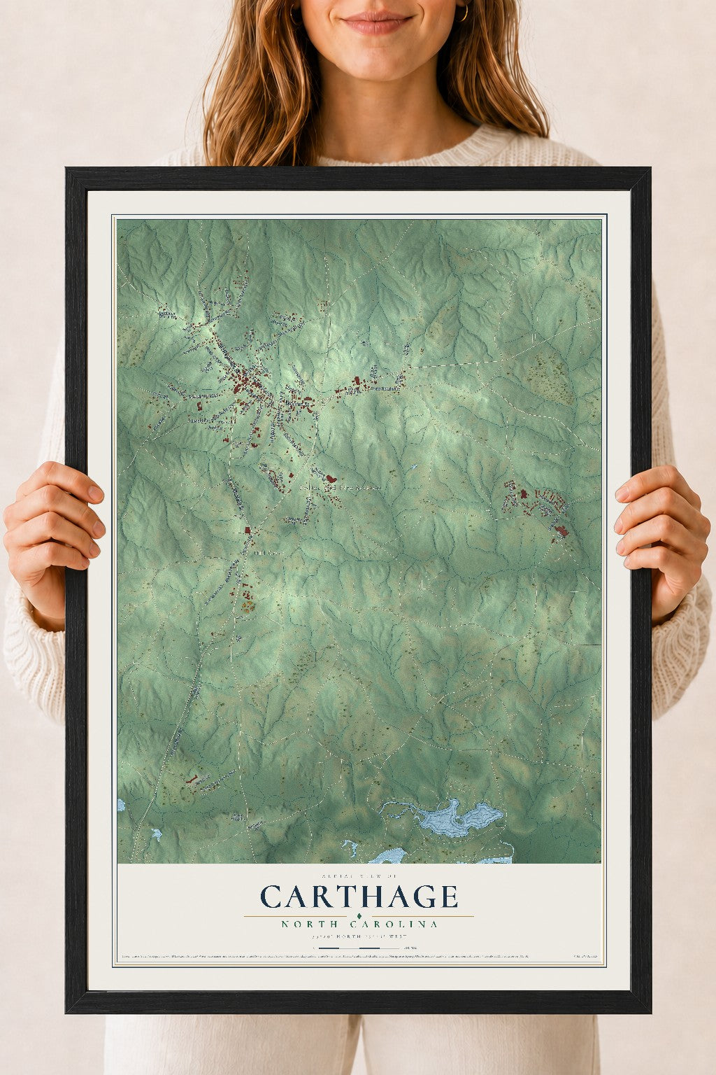 Map of Carthage, North Carolina, 18 x 24 inch print in a black wood frame