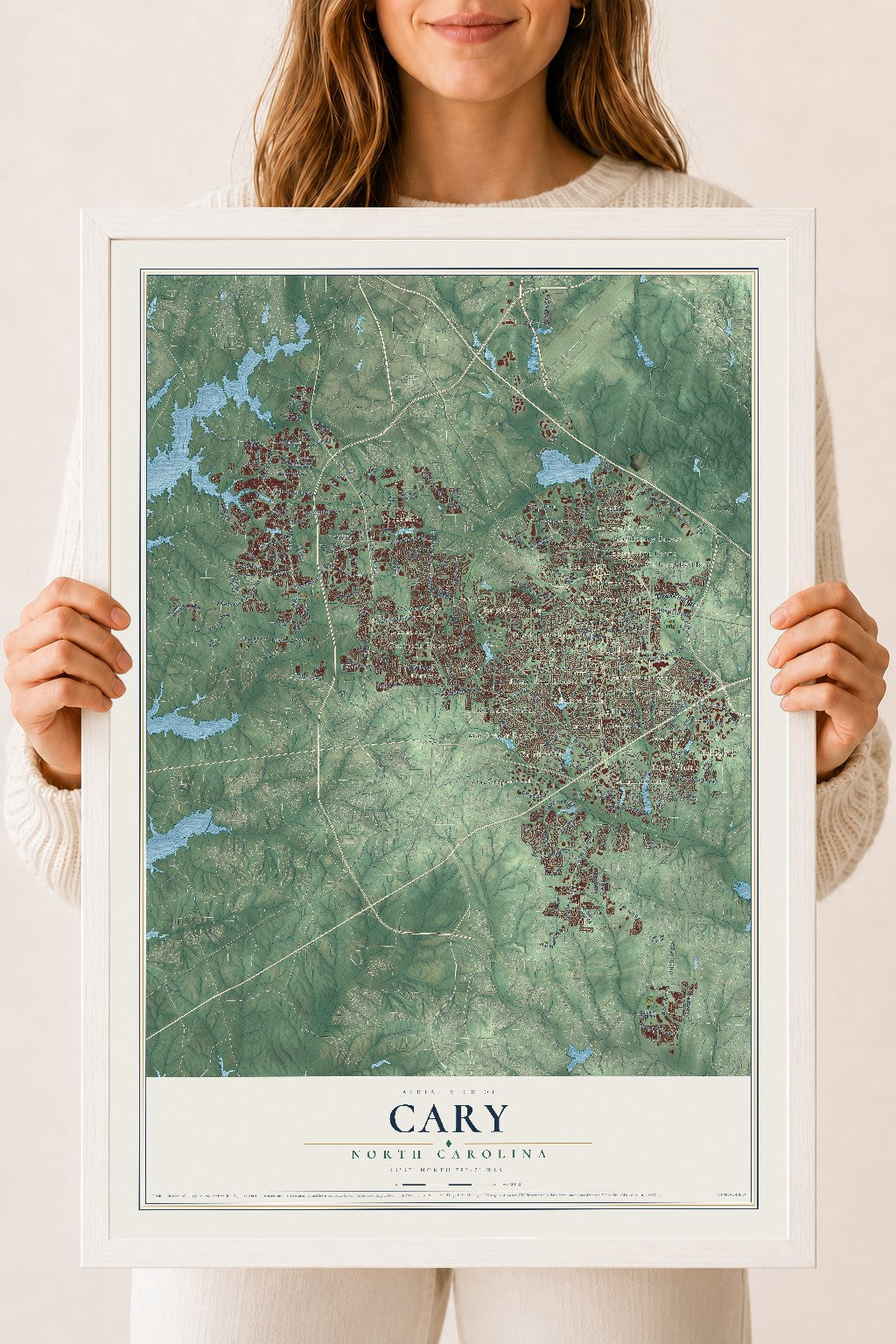 Map of Cary, North Carolina, 18 x 24 inch print in a white wood frame