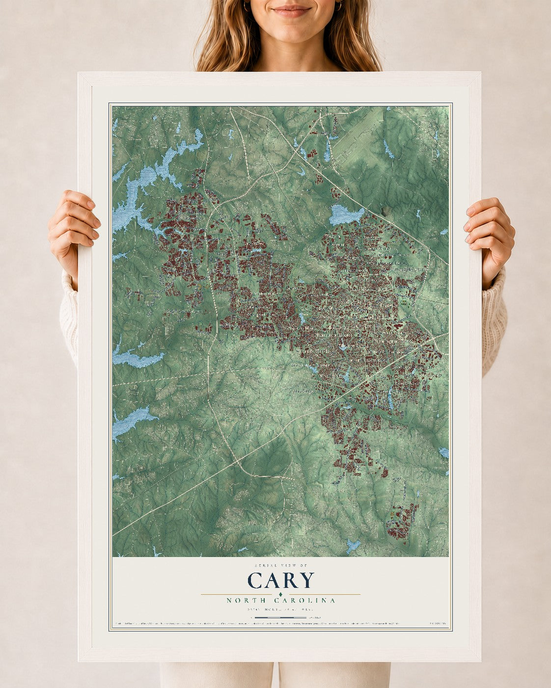 Map of Cary, North Carolina, 24 x 36 inch print in a white wood frame