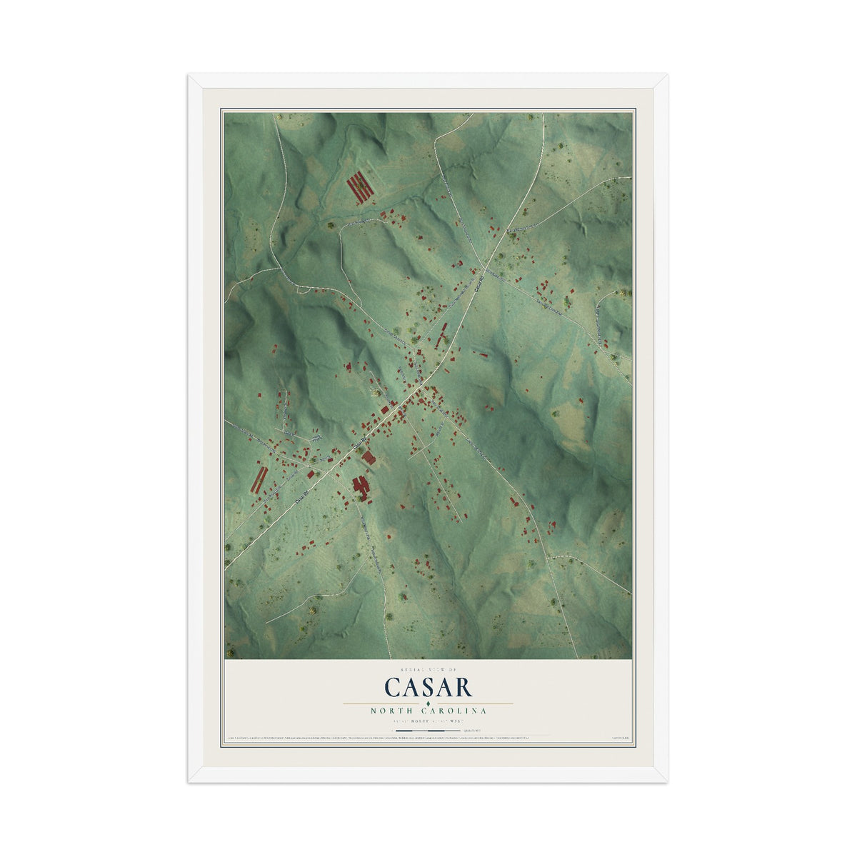 Map of Casar, North Carolina, 12 x 18 inch print in a white wood frame