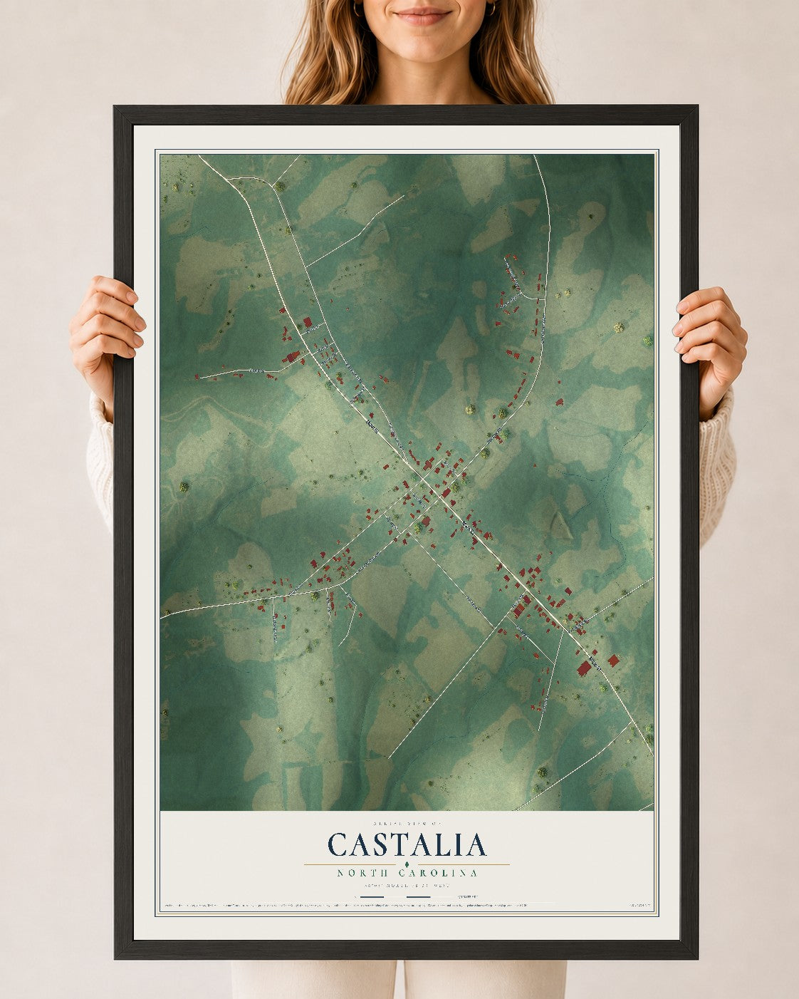Map of Castalia, North Carolina, 24 x 36 inch print in a black wood frame