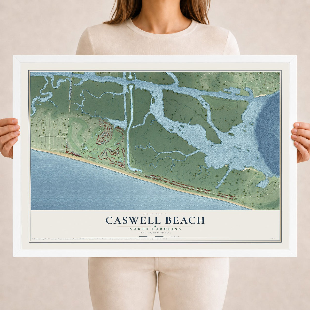 Map of Caswell Beach, North Carolina, 18 x 24 inch print in a white wood frame