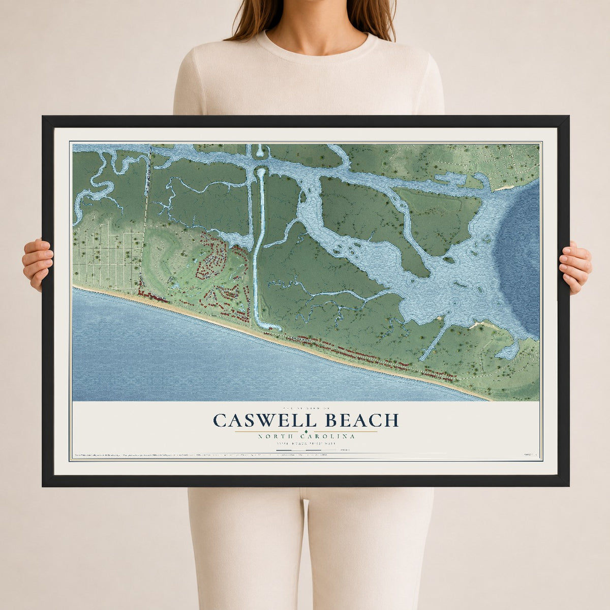 Map of Caswell Beach, North Carolina, 24 x 36 inch print in a black wood frame