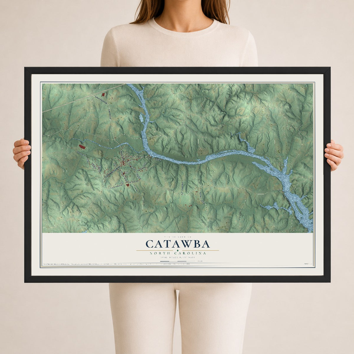 Map of Catawba, North Carolina, 24 x 36 inch print in a black wood frame