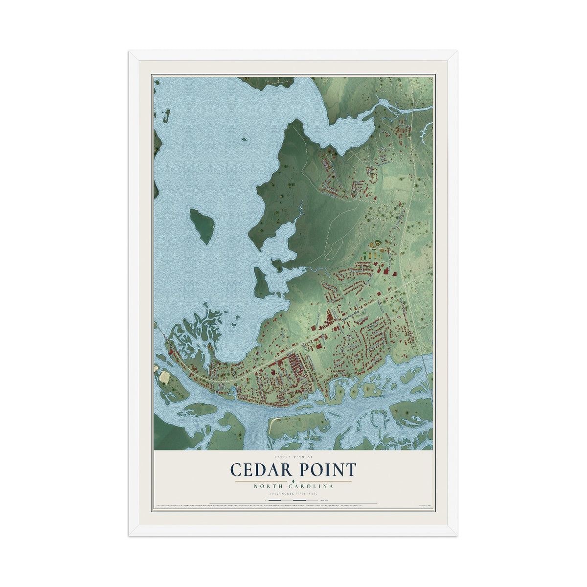 Map of Cedar Point, North Carolina, 12 x 18 inch print in a white wood frame