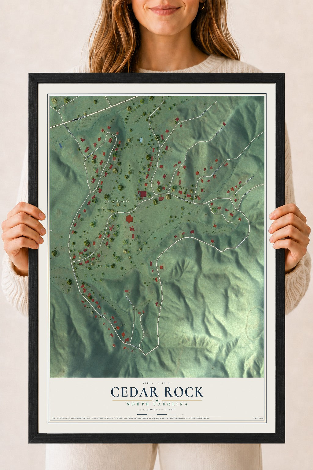 Map of Cedar Rock, North Carolina, 18 x 24 inch print in a black wood frame