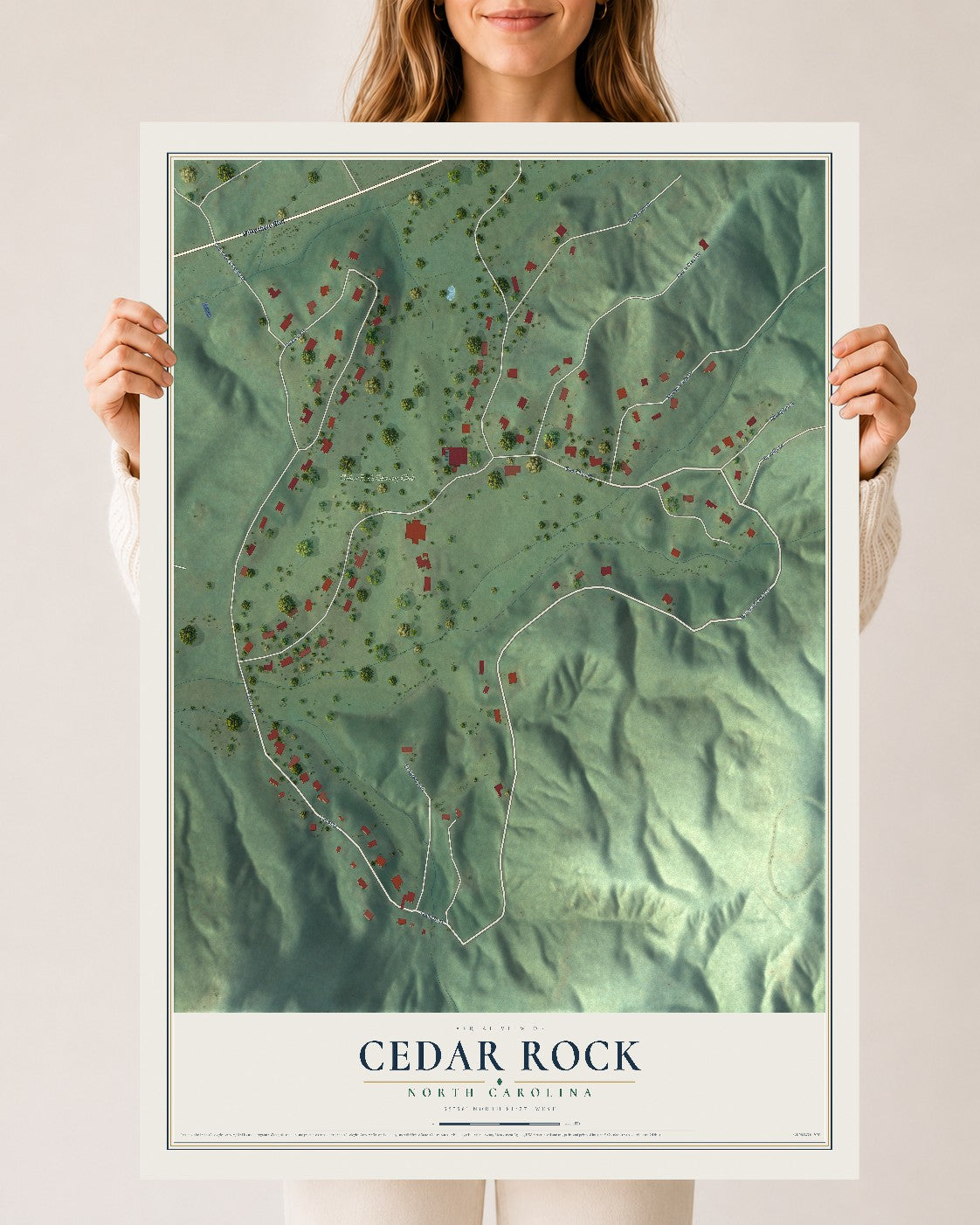 Map of Cedar Rock, North Carolina, 24 x 36 inch unframed archival matte print