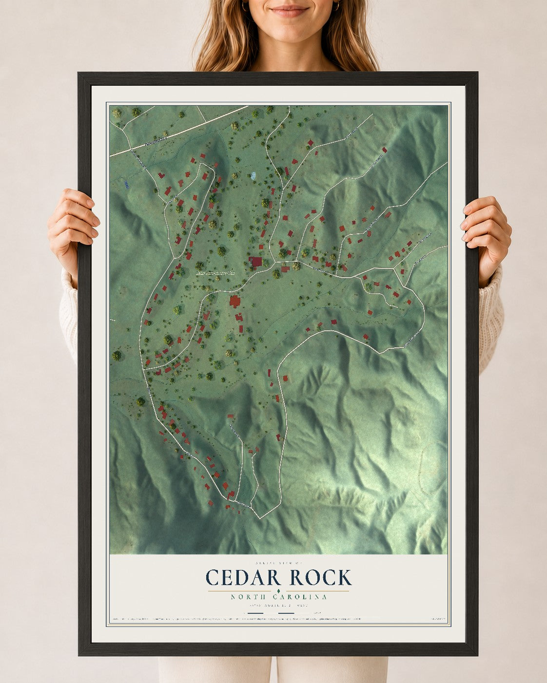 Map of Cedar Rock, North Carolina, 24 x 36 inch print in a black wood frame