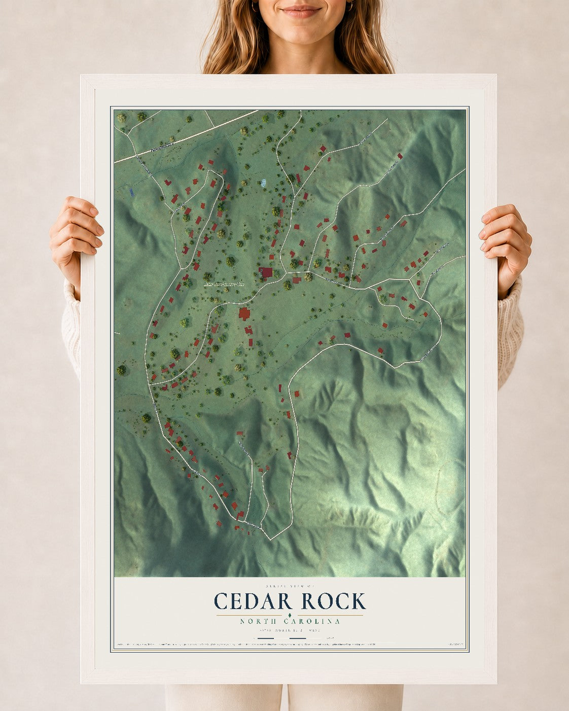 Map of Cedar Rock, North Carolina, 24 x 36 inch print in a white wood frame