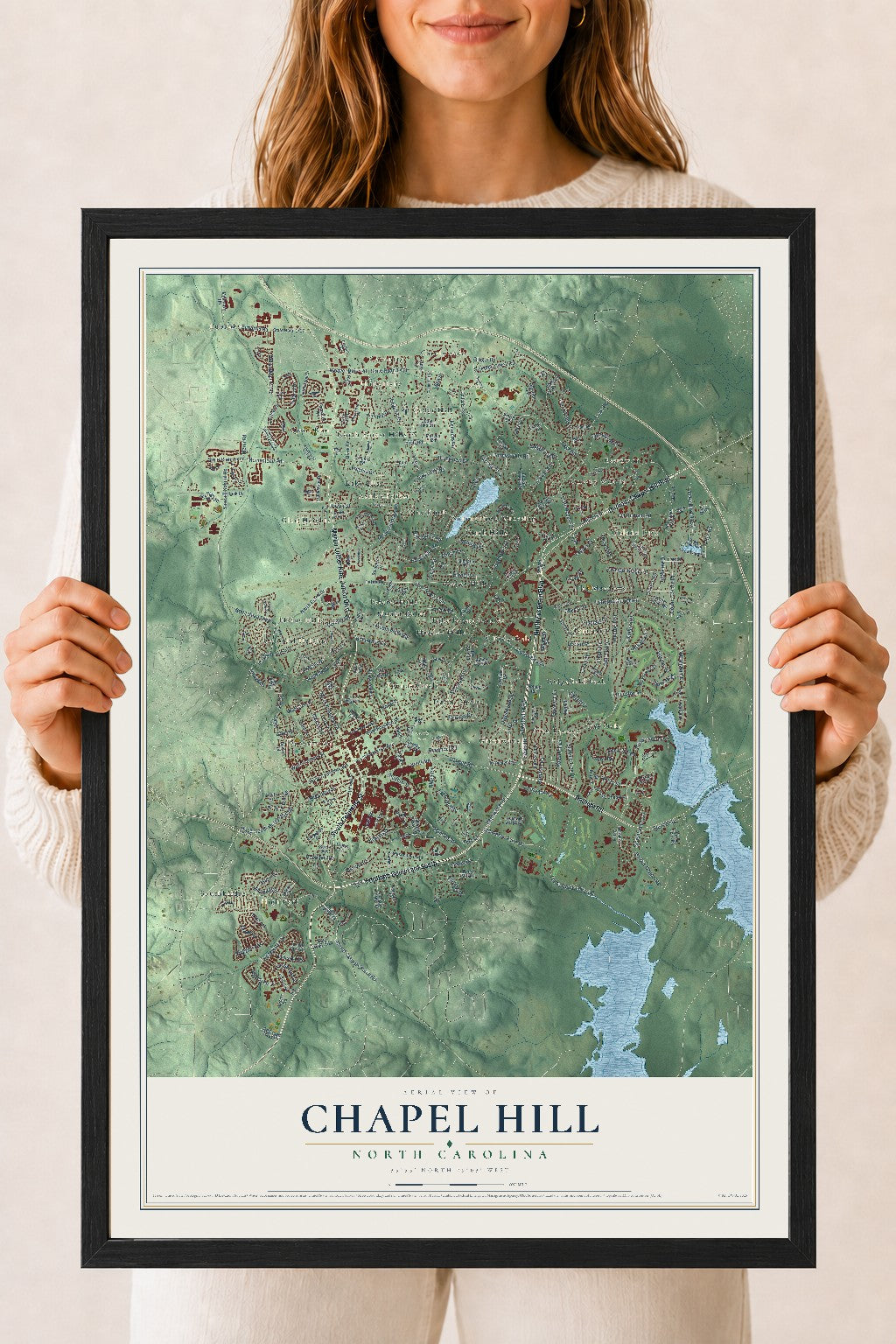 Map of Chapel Hill, North Carolina, 18 x 24 inch print in a black wood frame