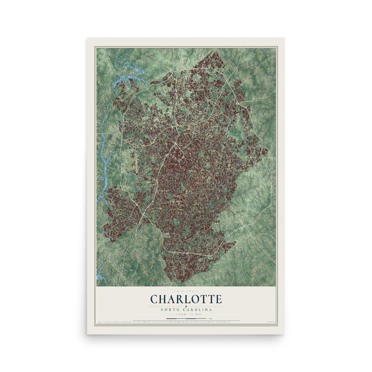 Map of Charlotte, North Carolina, 12 x 18 inch unframed archival matte print