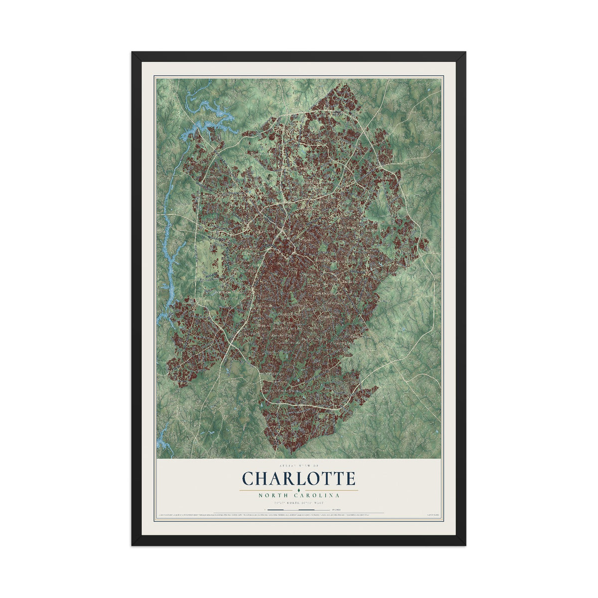 Map of Charlotte, North Carolina, 12 x 18 inch print in a black wood frame