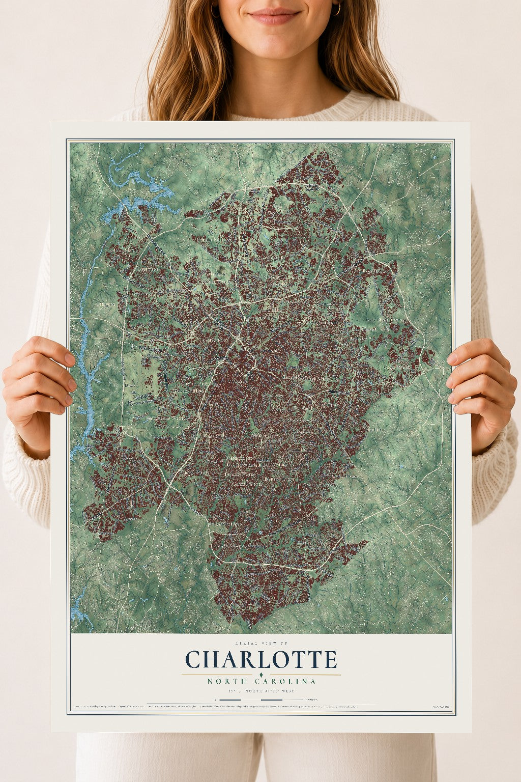 Map of Charlotte, North Carolina, 18 x 24 inch unframed archival matte print