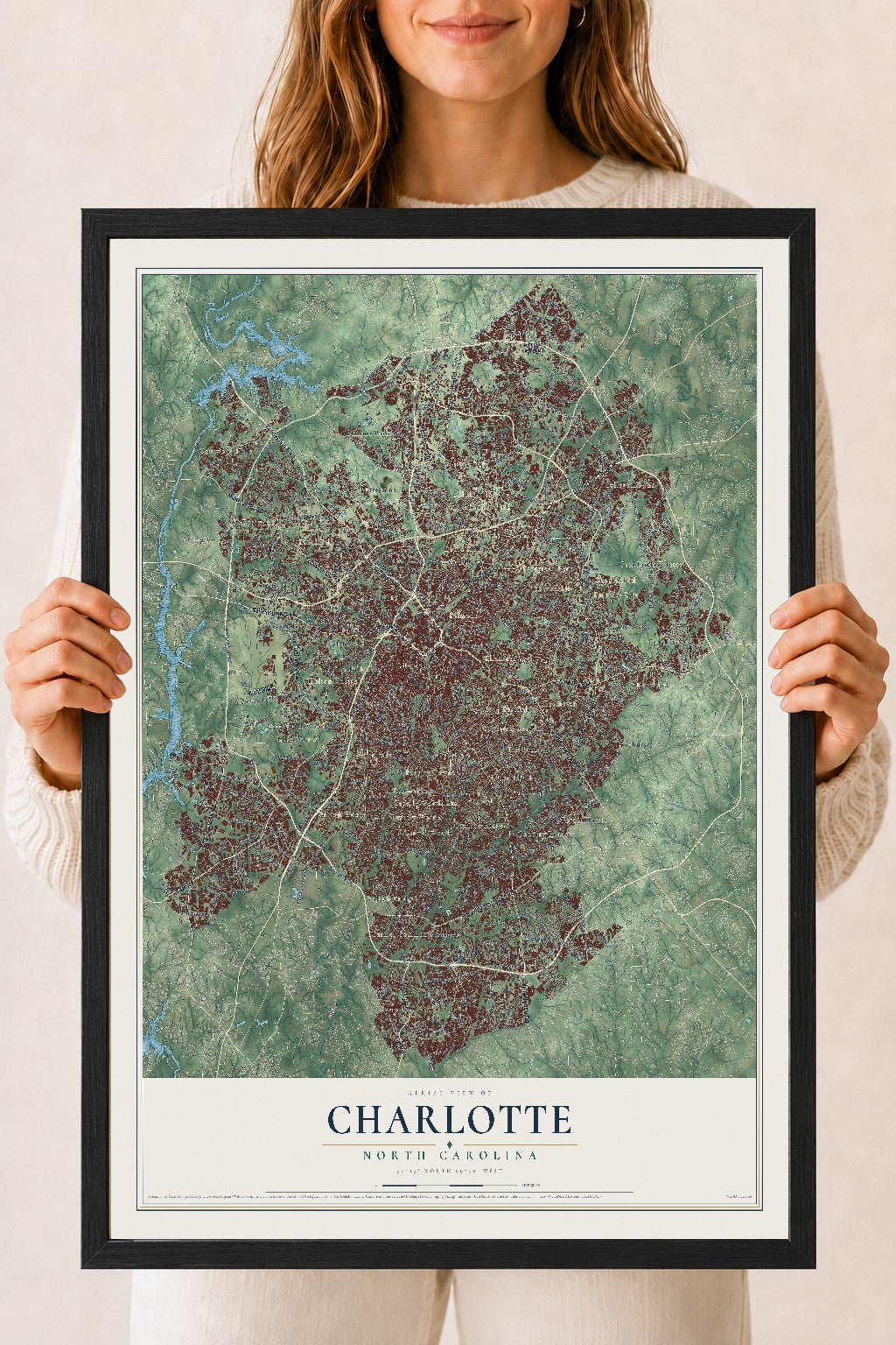 Map of Charlotte, North Carolina, 18 x 24 inch print in a black wood frame