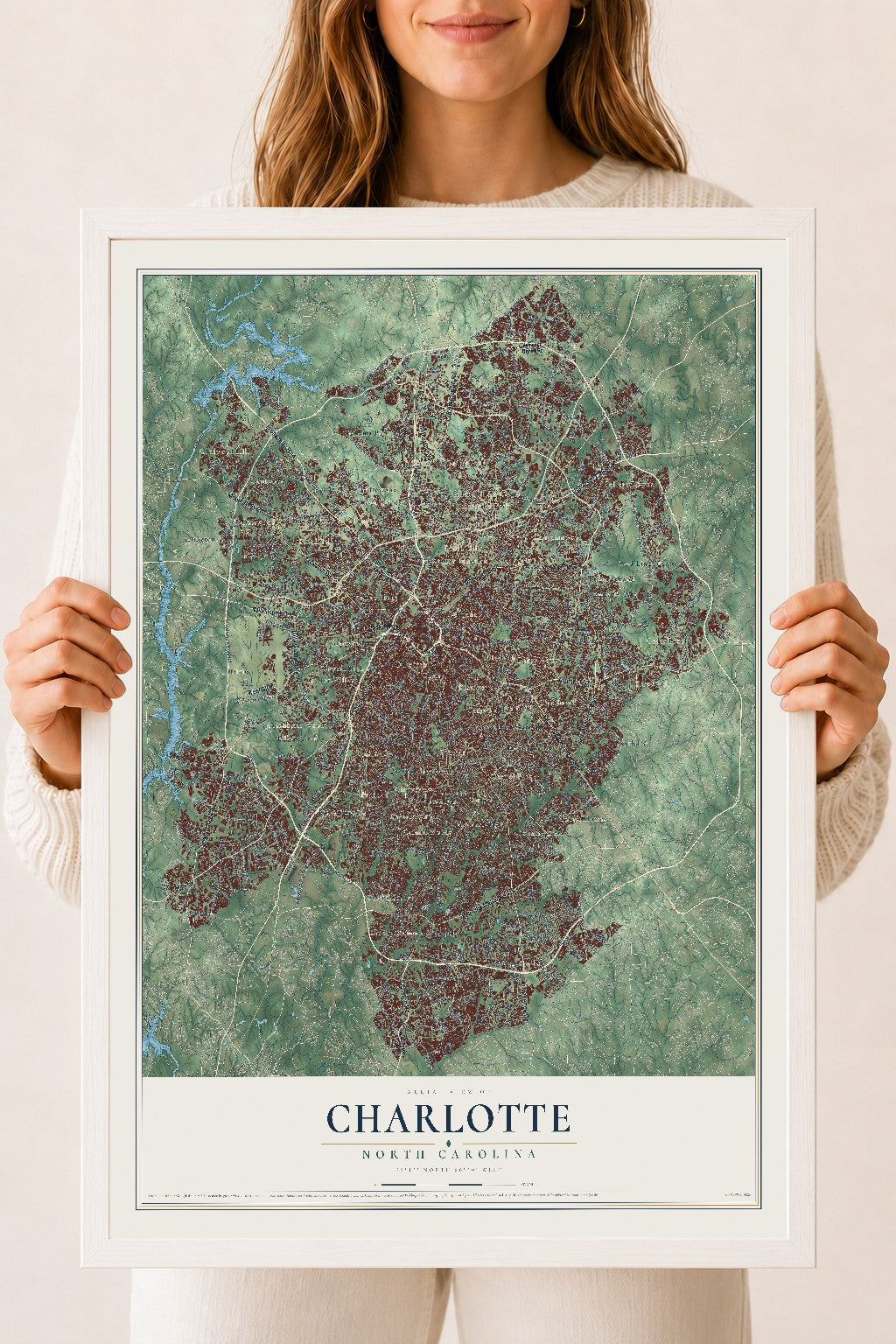 Map of Charlotte, North Carolina, 18 x 24 inch print in a white wood frame