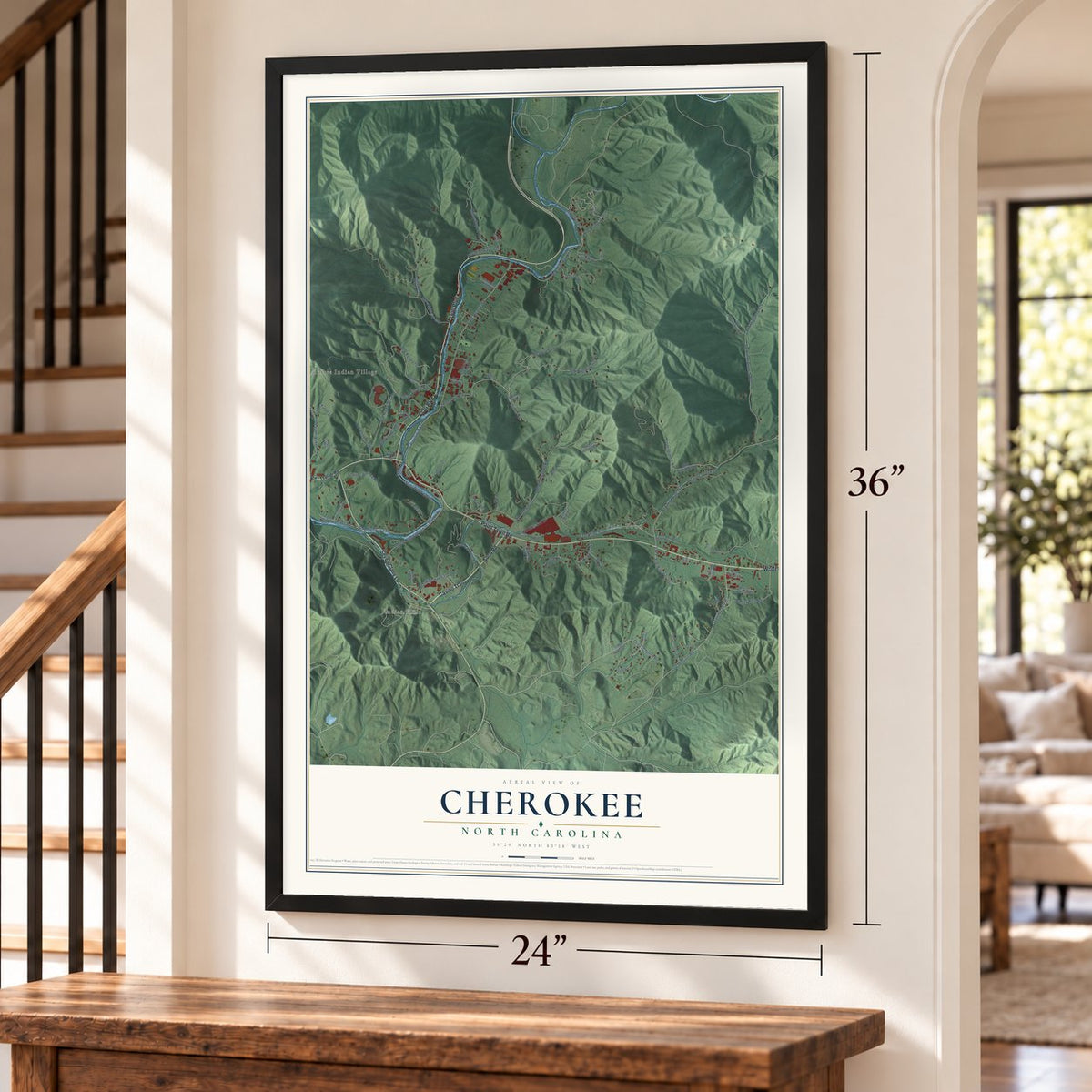 Cherokee, North Carolina map, 24 x 36 inch print in a black frame by a staircase