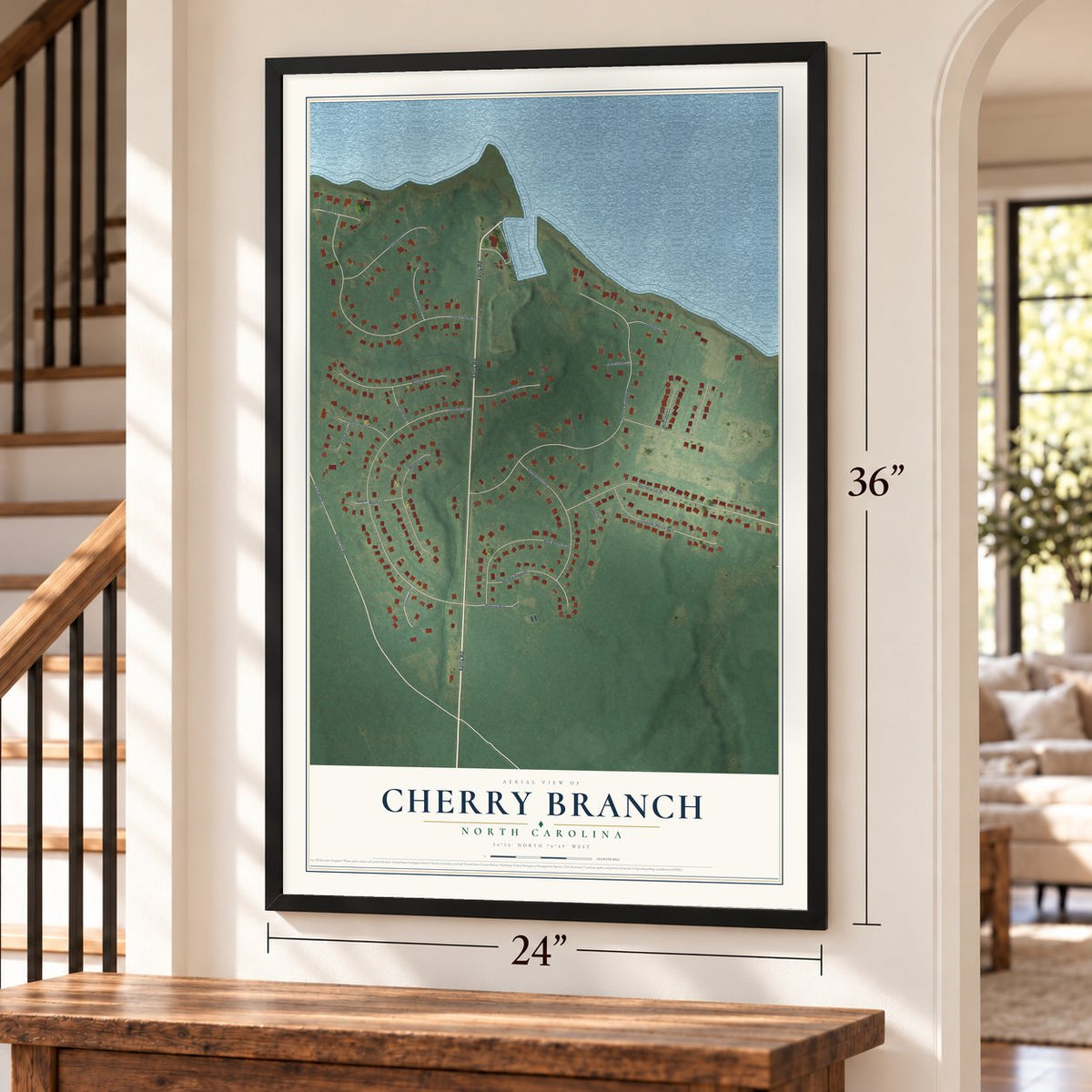 Cherry Branch, North Carolina map, 24 x 36 inch print in a black frame by a staircase