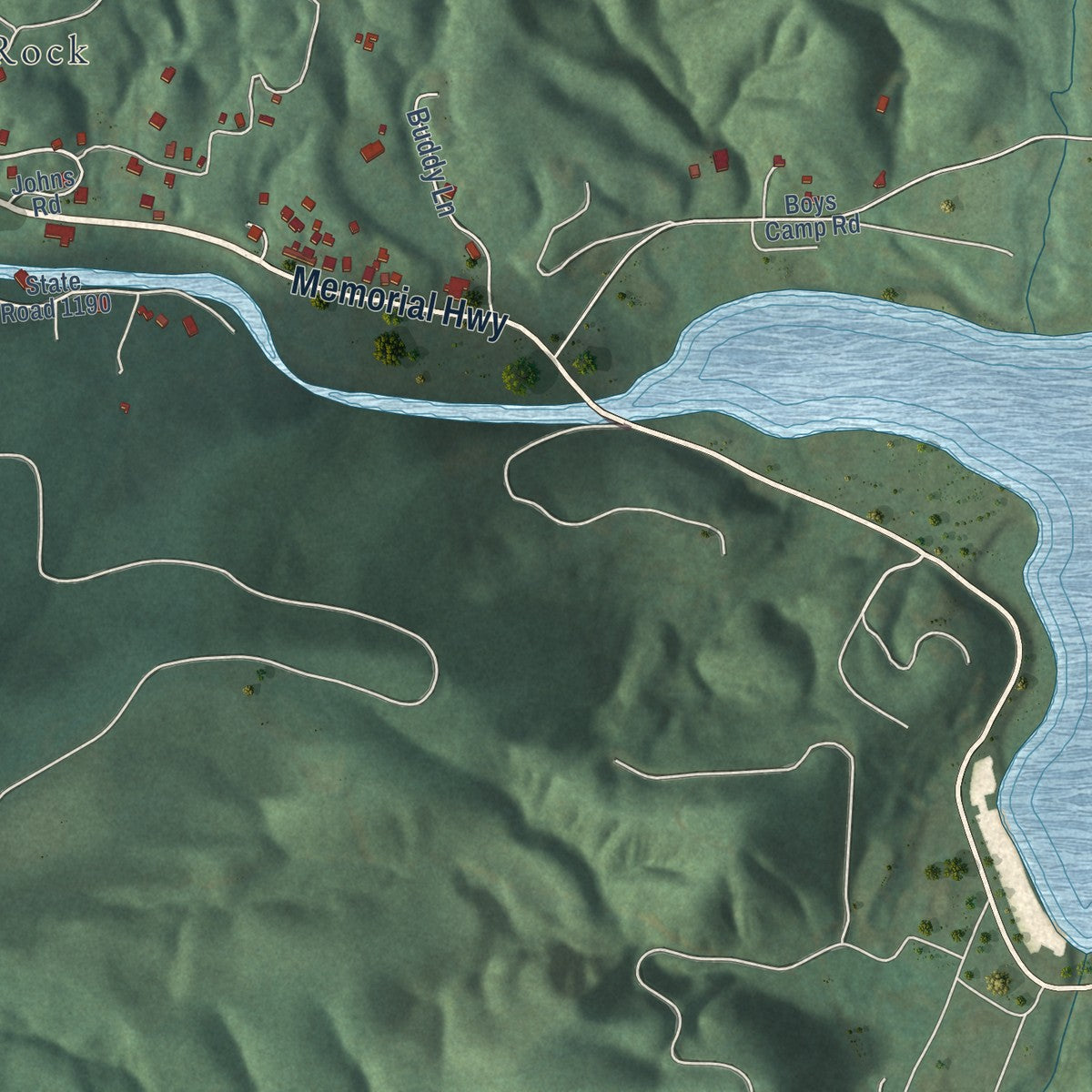 Close-up of the map of Chimney Rock Village, North Carolina print showing street and building detail