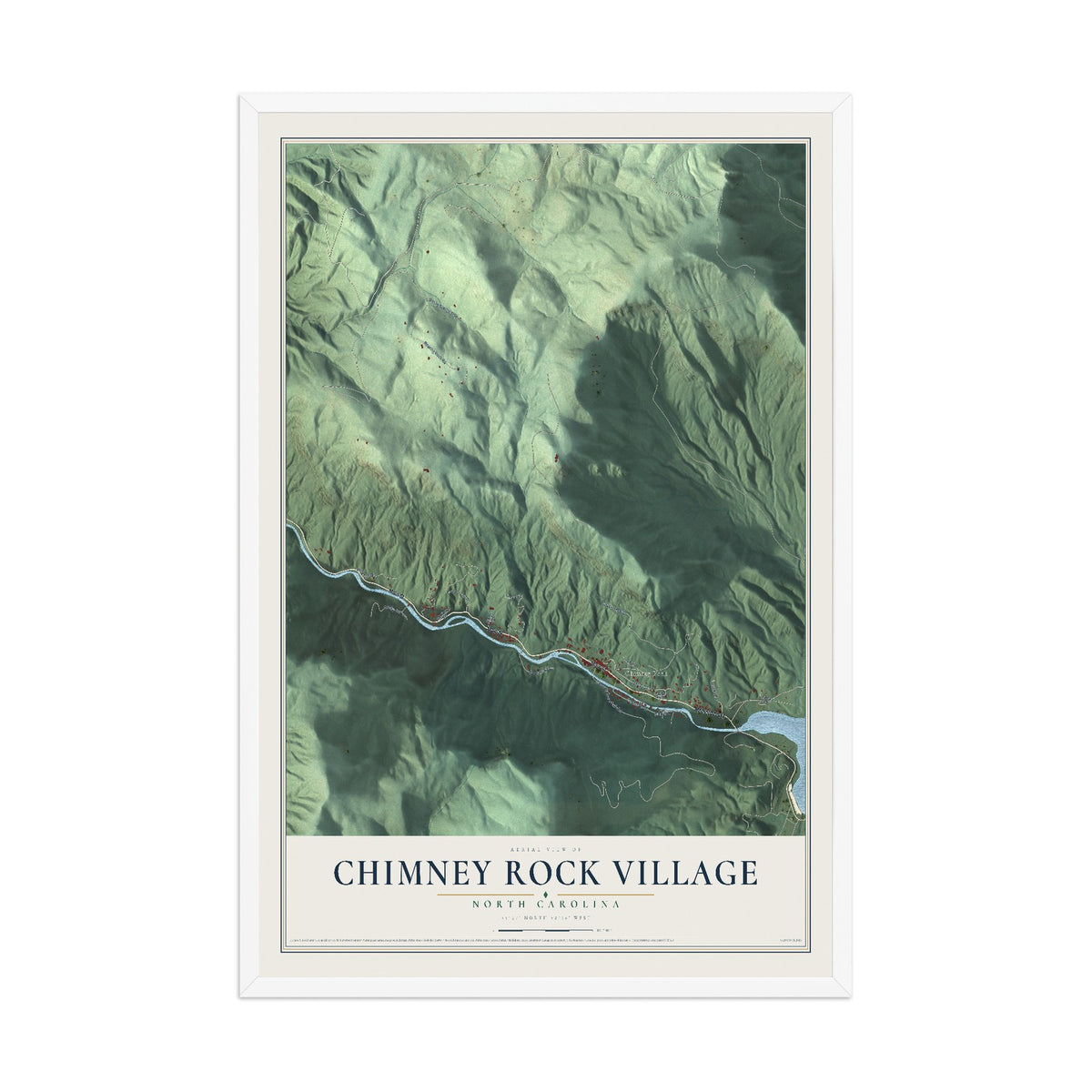 Map of Chimney Rock Village, North Carolina, 12 x 18 inch print in a white wood frame